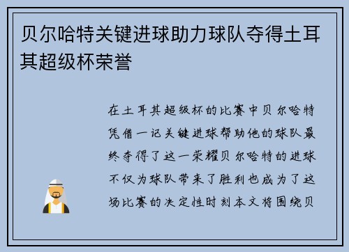 贝尔哈特关键进球助力球队夺得土耳其超级杯荣誉