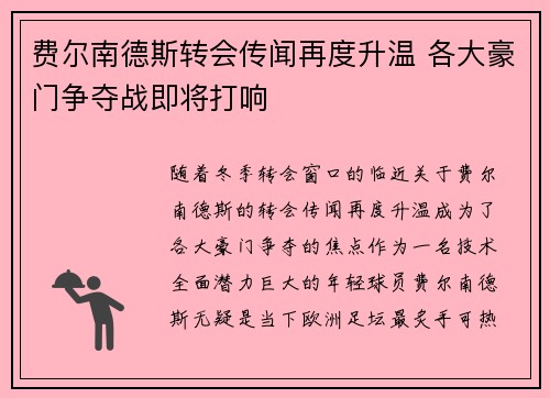 费尔南德斯转会传闻再度升温 各大豪门争夺战即将打响