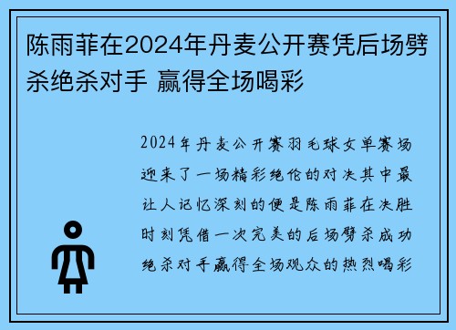 陈雨菲在2024年丹麦公开赛凭后场劈杀绝杀对手 赢得全场喝彩