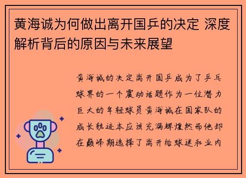 黄海诚为何做出离开国乒的决定 深度解析背后的原因与未来展望