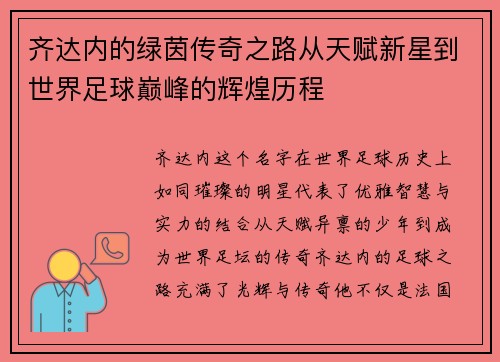 齐达内的绿茵传奇之路从天赋新星到世界足球巅峰的辉煌历程